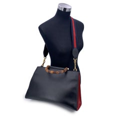 Gucci Black Leather Nymphaea Tote Bag Bamboo Handle with Strap