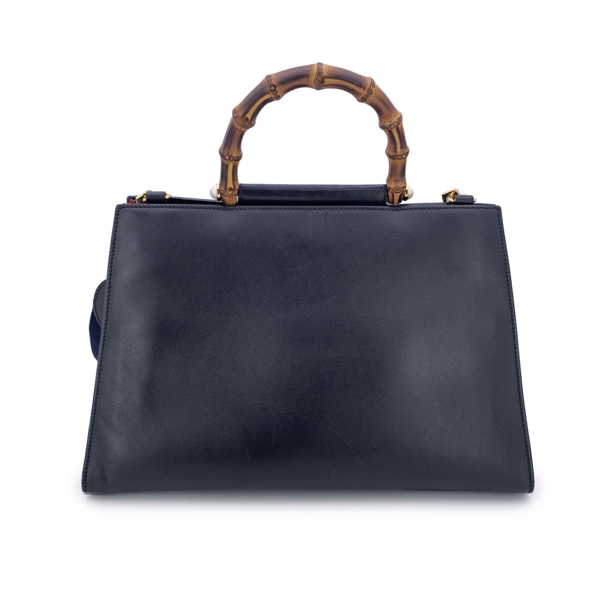 Gucci Black Leather Nymphaea Tote Bag Bamboo Handle with Strap In Good Condition For Sale In Rome, Rome