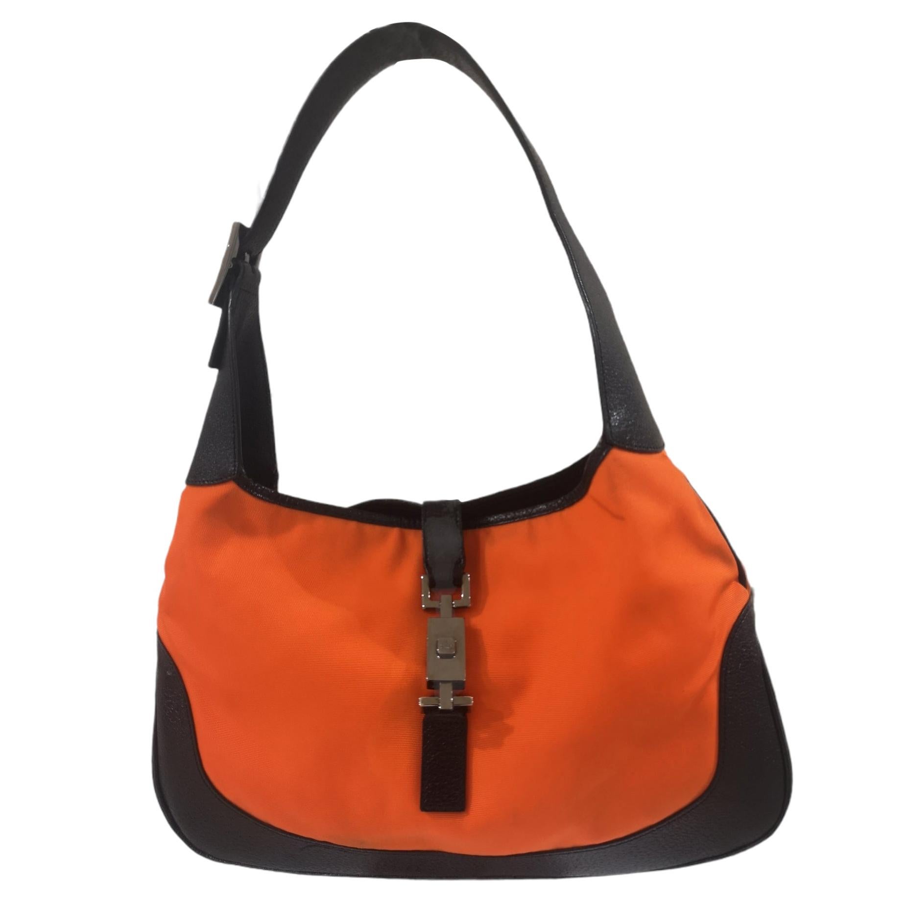 Gucci black leather orange fabric Jackie shoulder bag