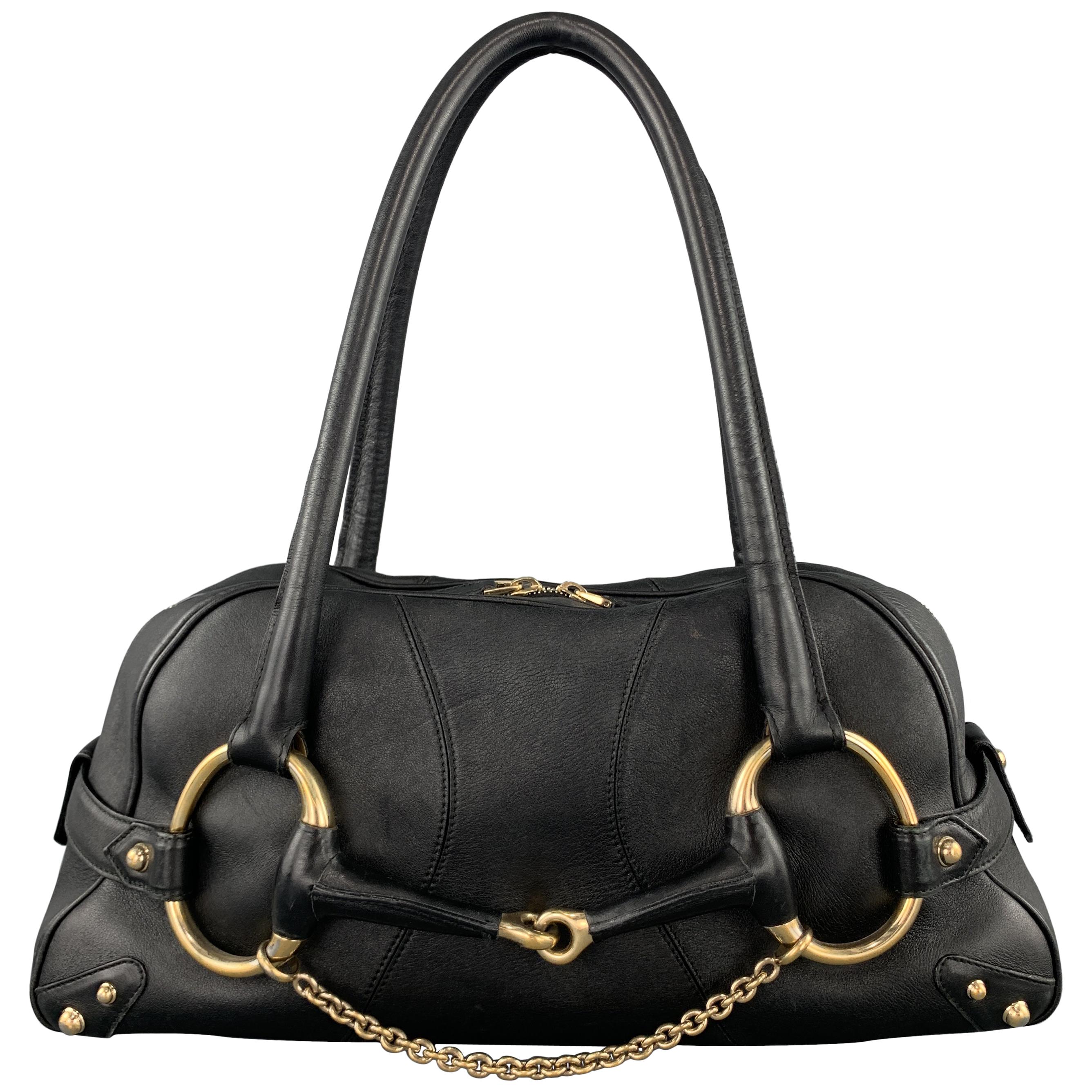 GUCCI Black Leather Oversized Gold Tone Horsebit Shoulder Bag