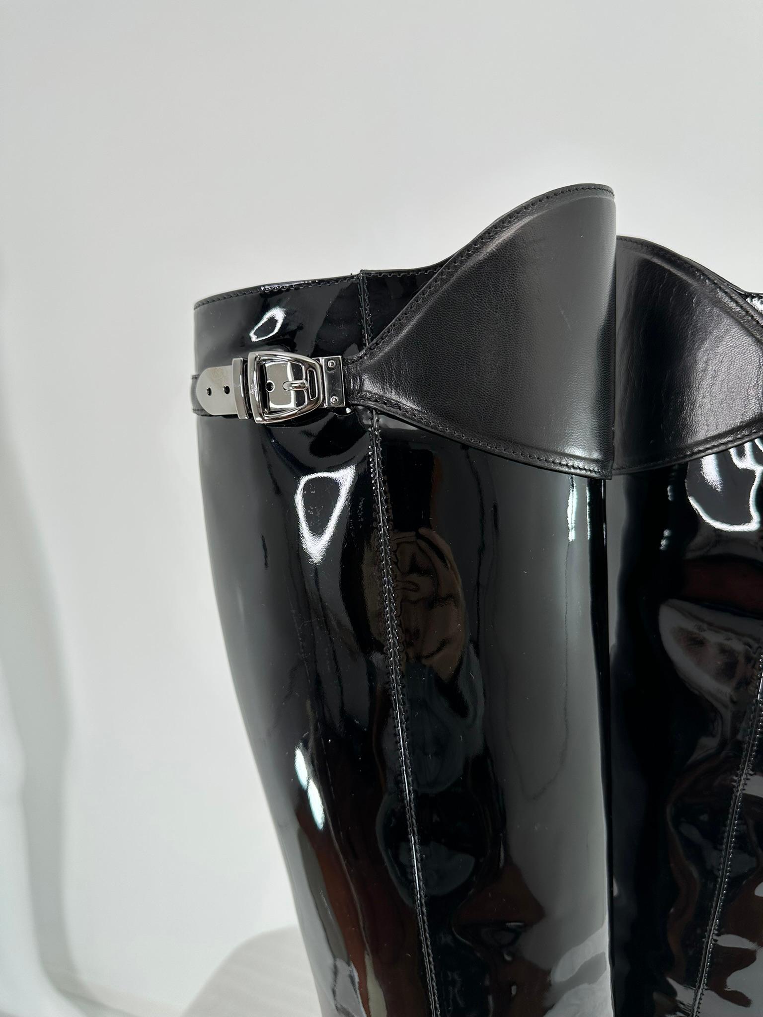 Gucci Black Leather & Patent Leather High Silver Buckle Side Spike Heel Boots For Sale 6