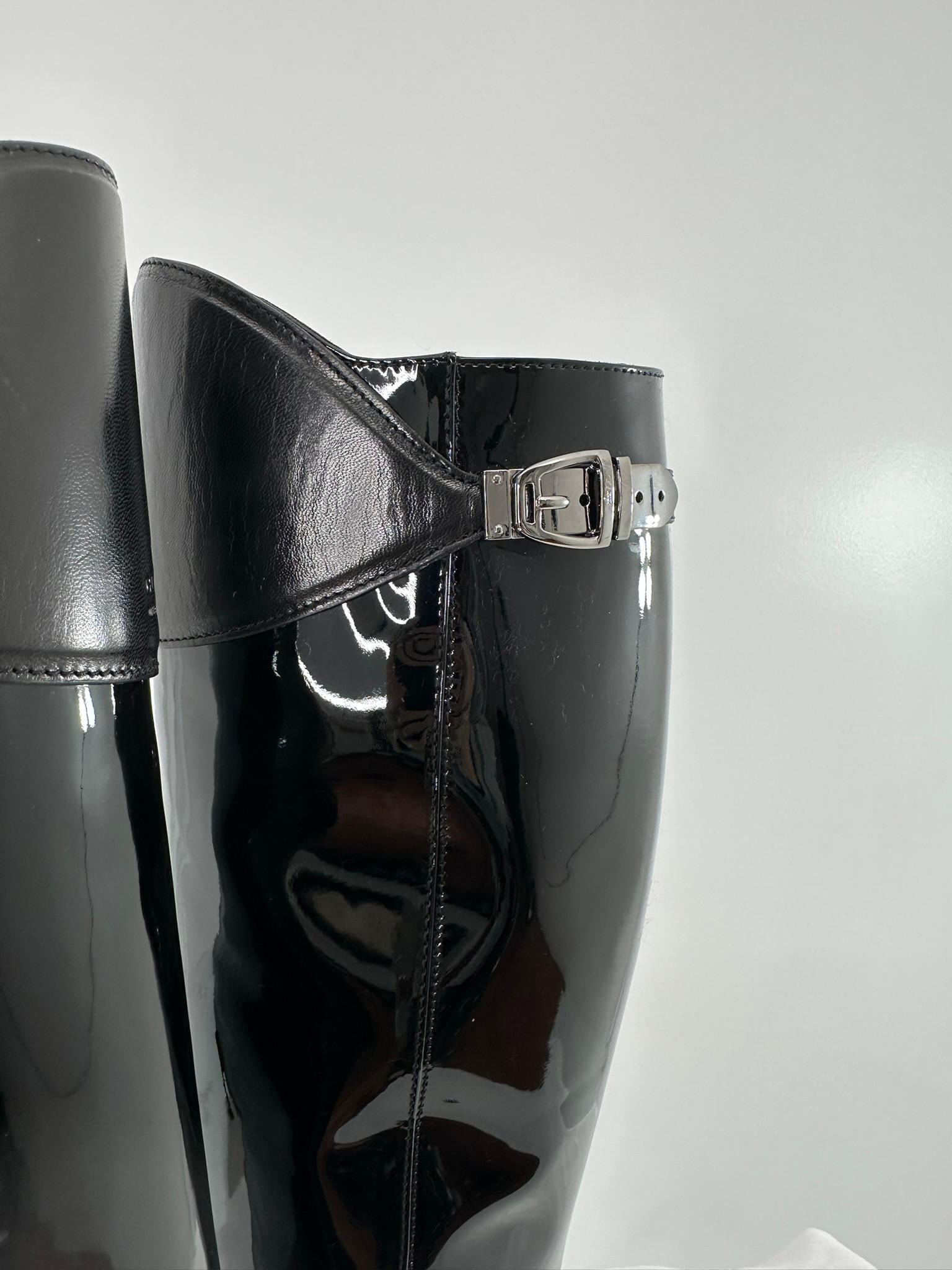 Gucci Black Leather & Patent Leather High Silver Buckle Side Spike Heel Boots For Sale 7