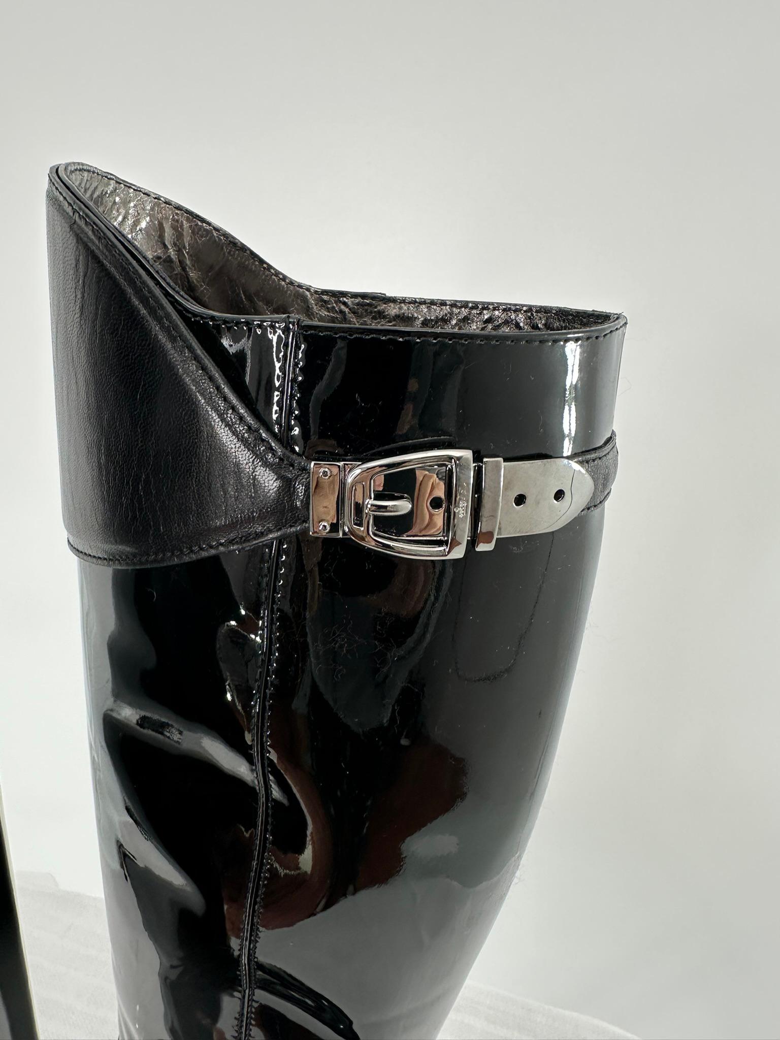 Gucci Black Leather & Patent Leather High Silver Buckle Side Spike Heel Boots For Sale 8