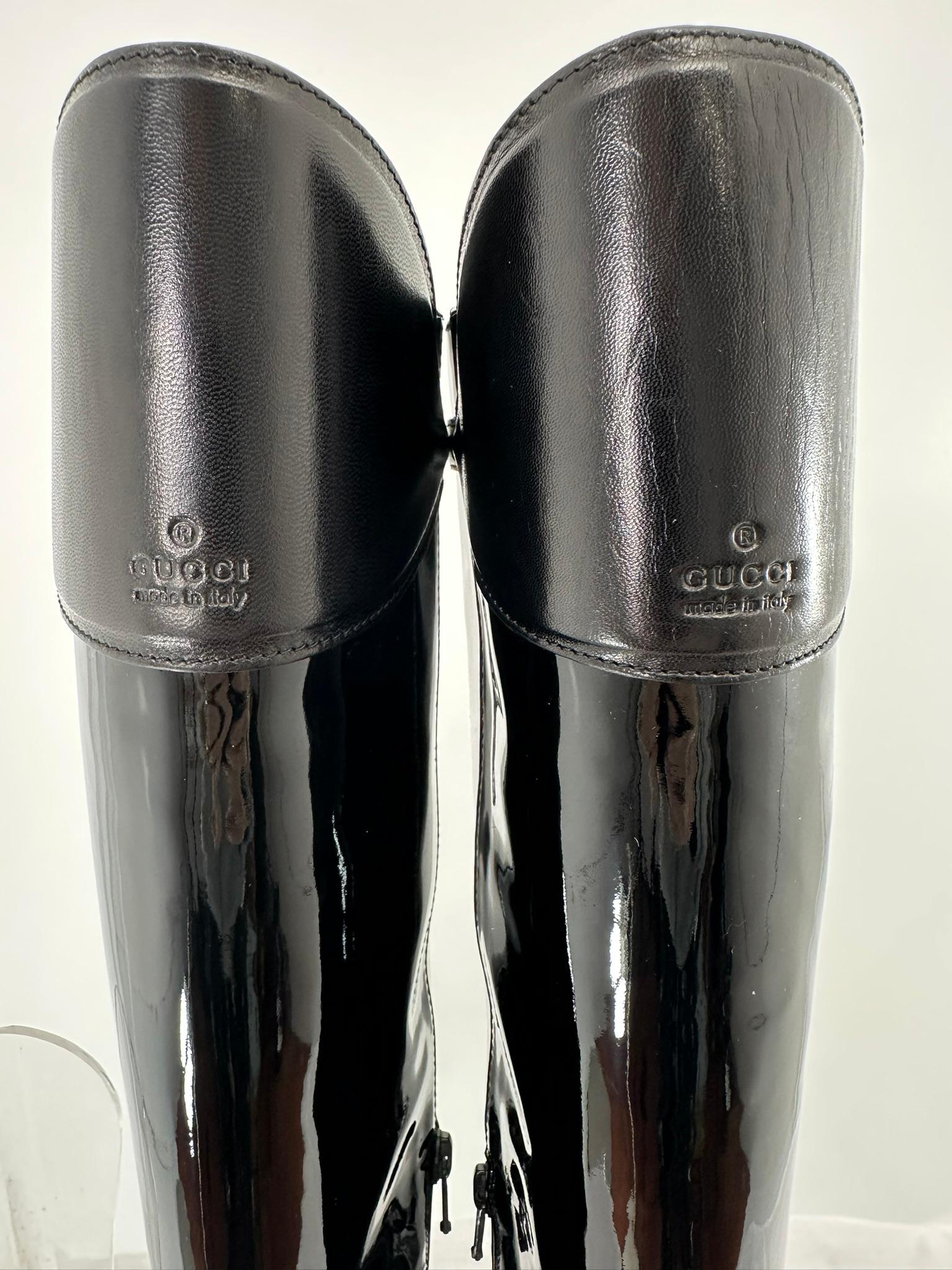 Gucci Black Leather & Patent Leather High Silver Buckle Side Spike Heel Boots For Sale 10