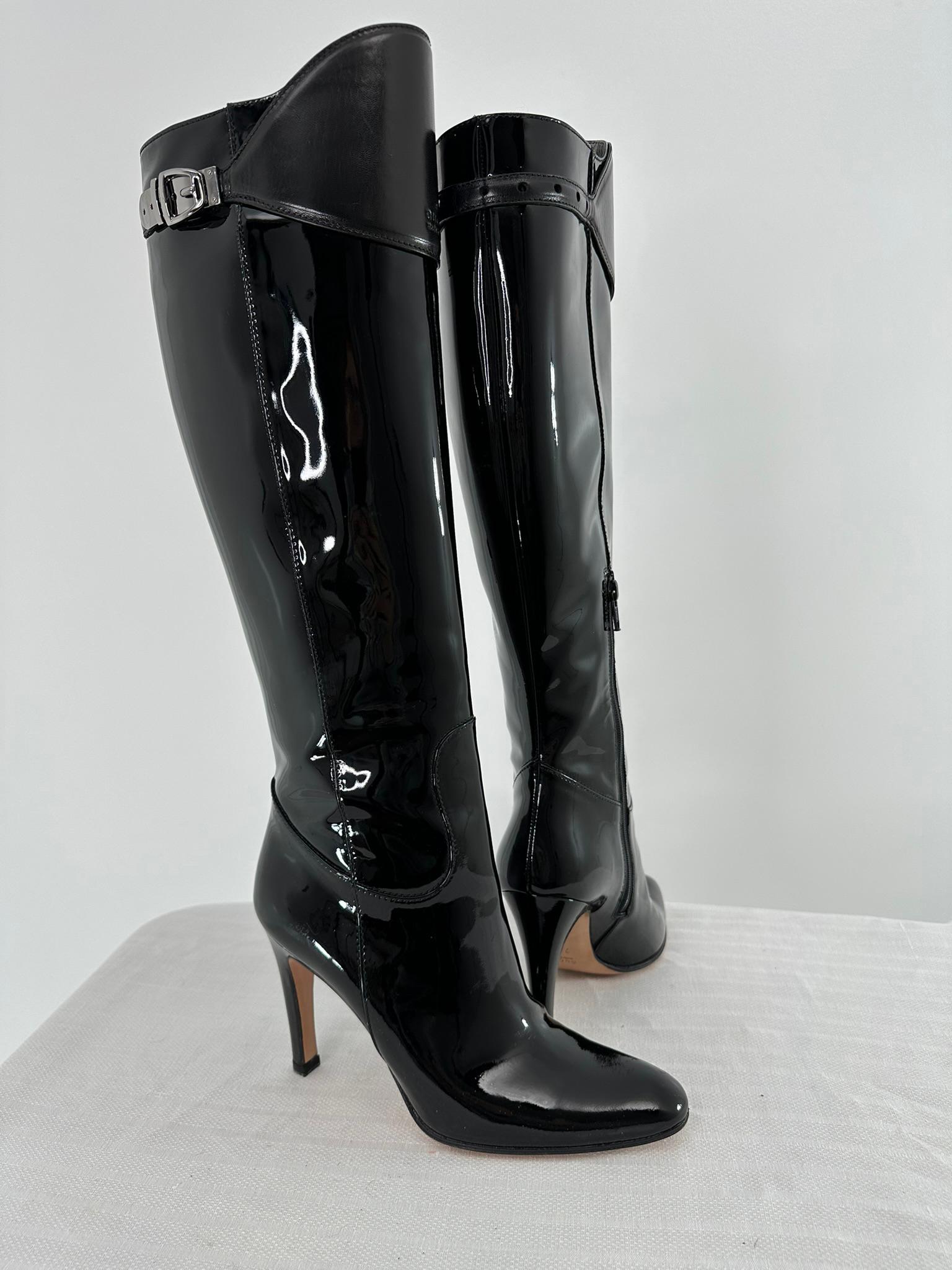 Gucci Black Leather & Patent Leather High Silver Buckle Side Spike Heel Boots For Sale 14