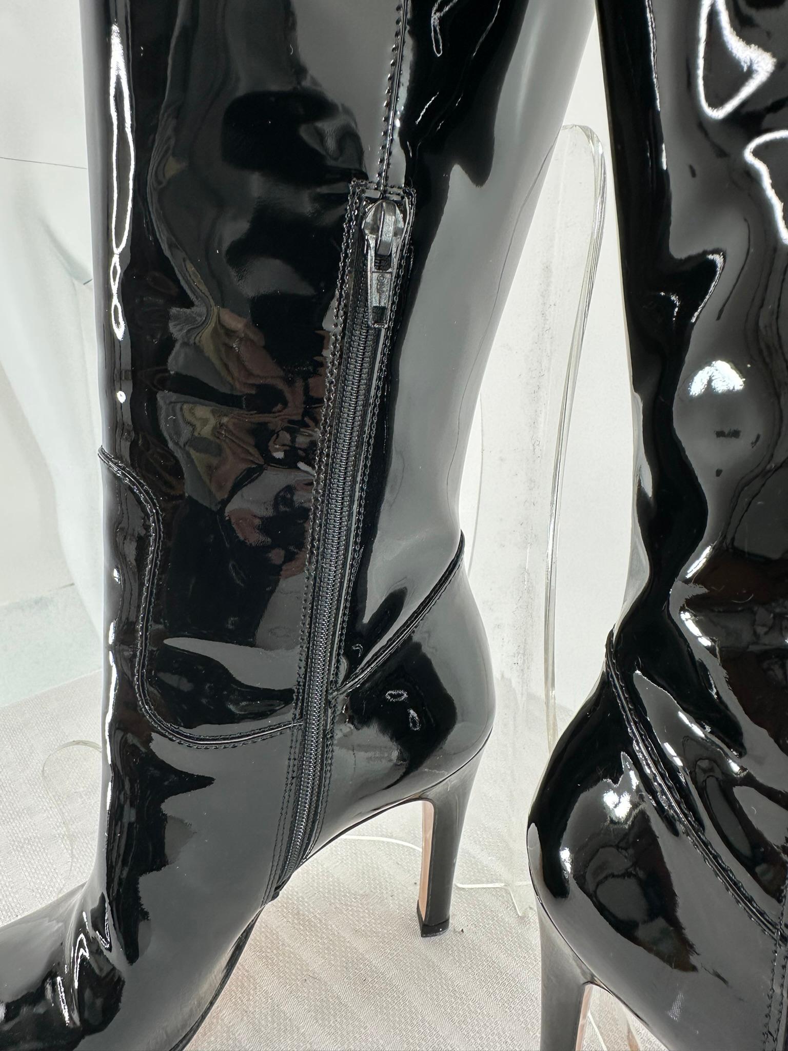Gucci Black Leather & Patent Leather High Silver Buckle Side Spike Heel Boots For Sale 3