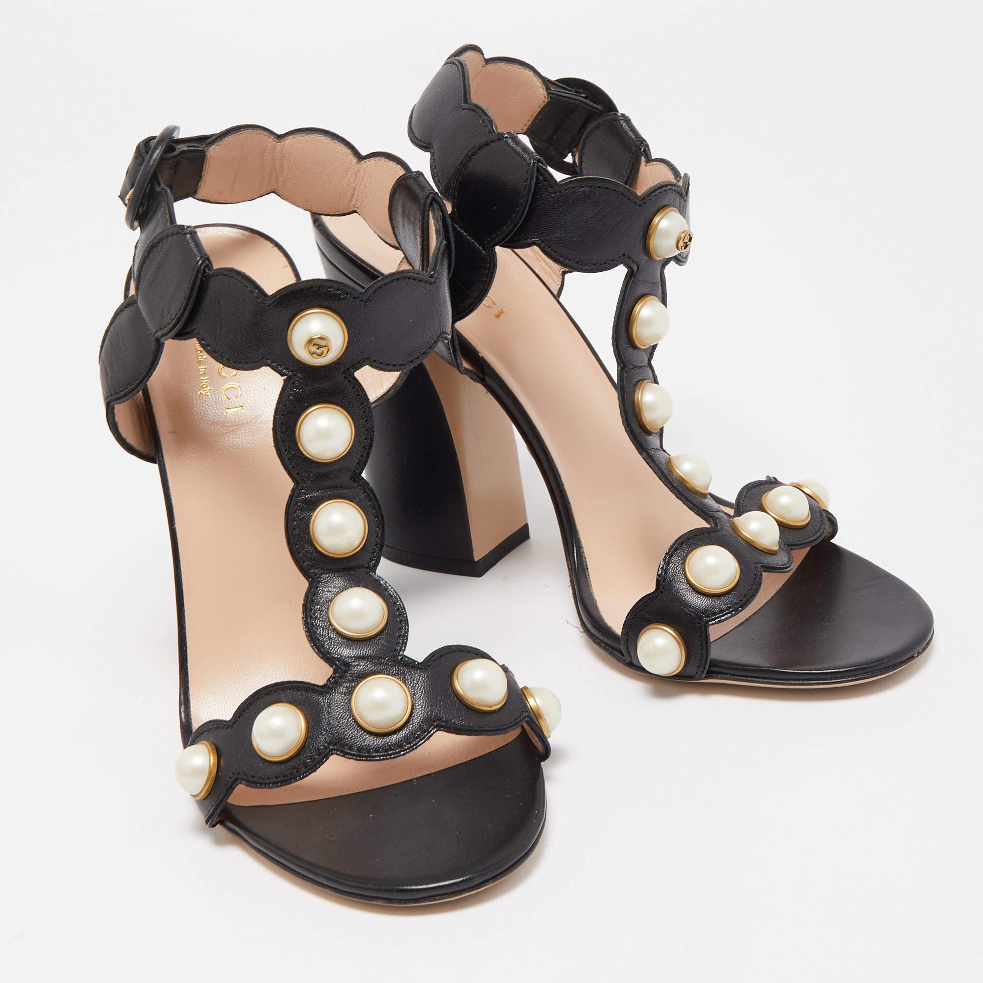 Gucci Black Leather Pearl Embellished Block Heel Ankle Strap Sandals Size 37.5 1