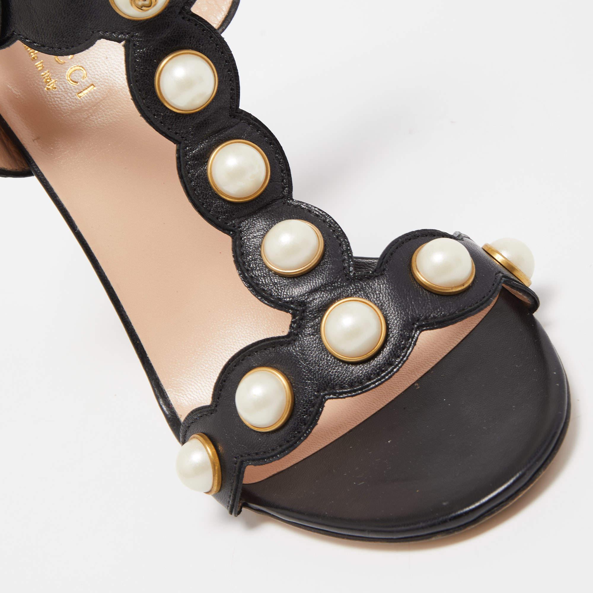 Gucci Black Leather Pearl Embellished Block Heel Ankle Strap Sandals Size 37.5 3