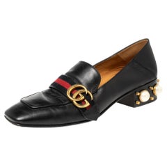 Gucci Black Leather Pearl Embellished Double G Web Loafers Size 39