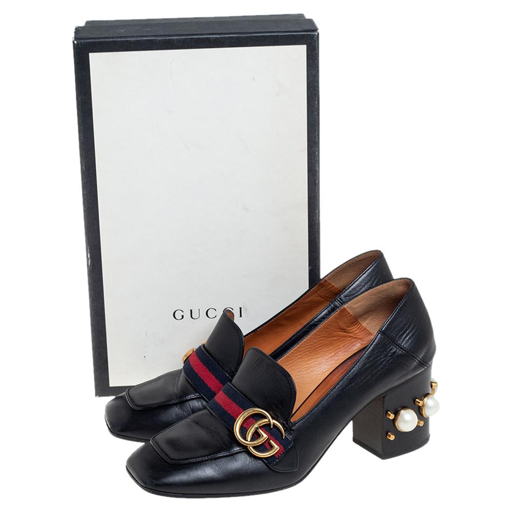 Gucci Black Leather Pearl Embellished Double G Web Mid Heel Loafer Pumps Size 40 1