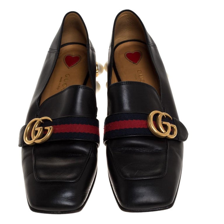 Gucci Black Leather Pearl Embellished Double G Web Mid Heel Loafers ...