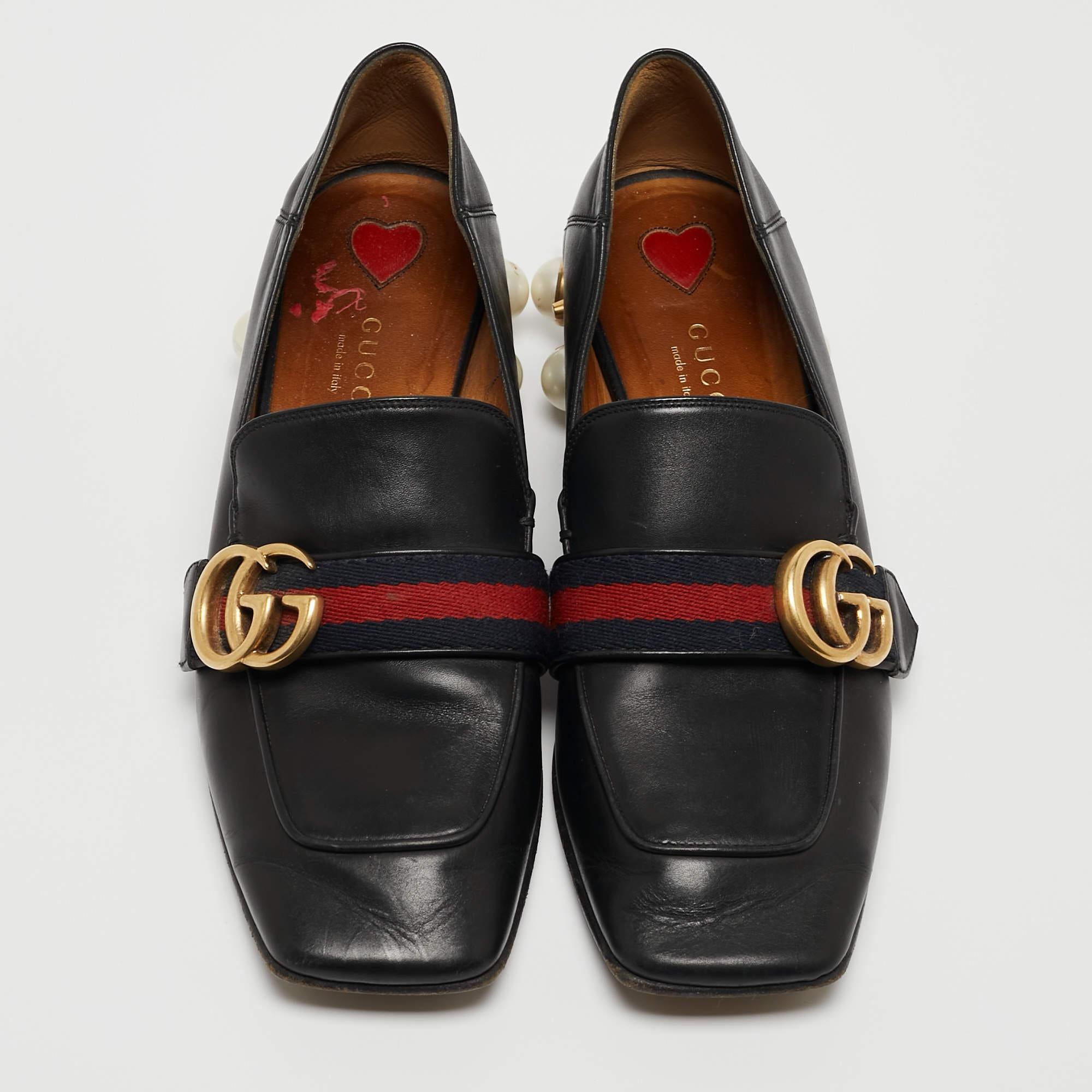 Gucci Black Leather Pearl Embellished Double G Web Mid Heel Loafers Size 37 In Good Condition In Dubai, Al Qouz 2