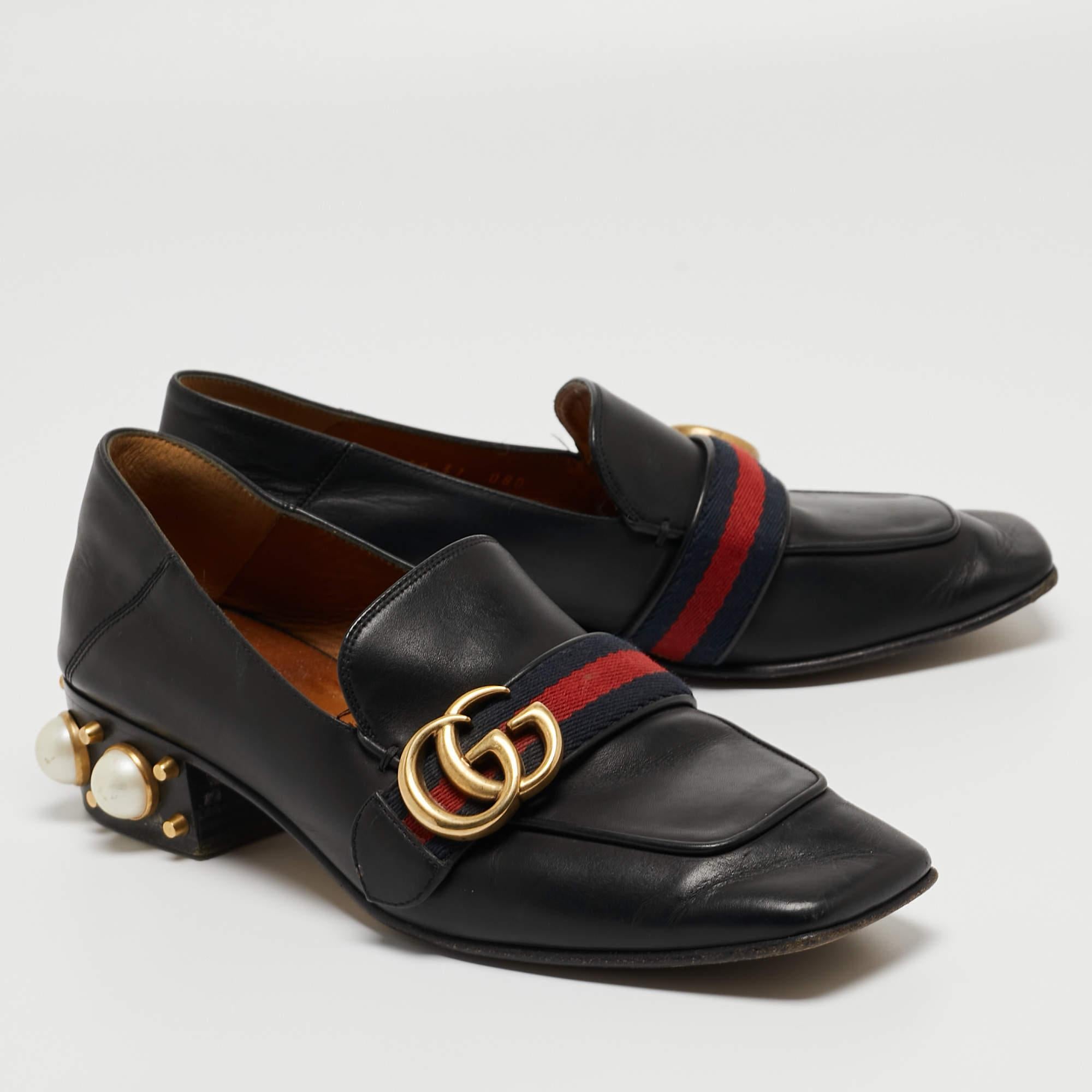 Women's Gucci Black Leather Pearl Embellished Double G Web Mid Heel Loafers Size 37