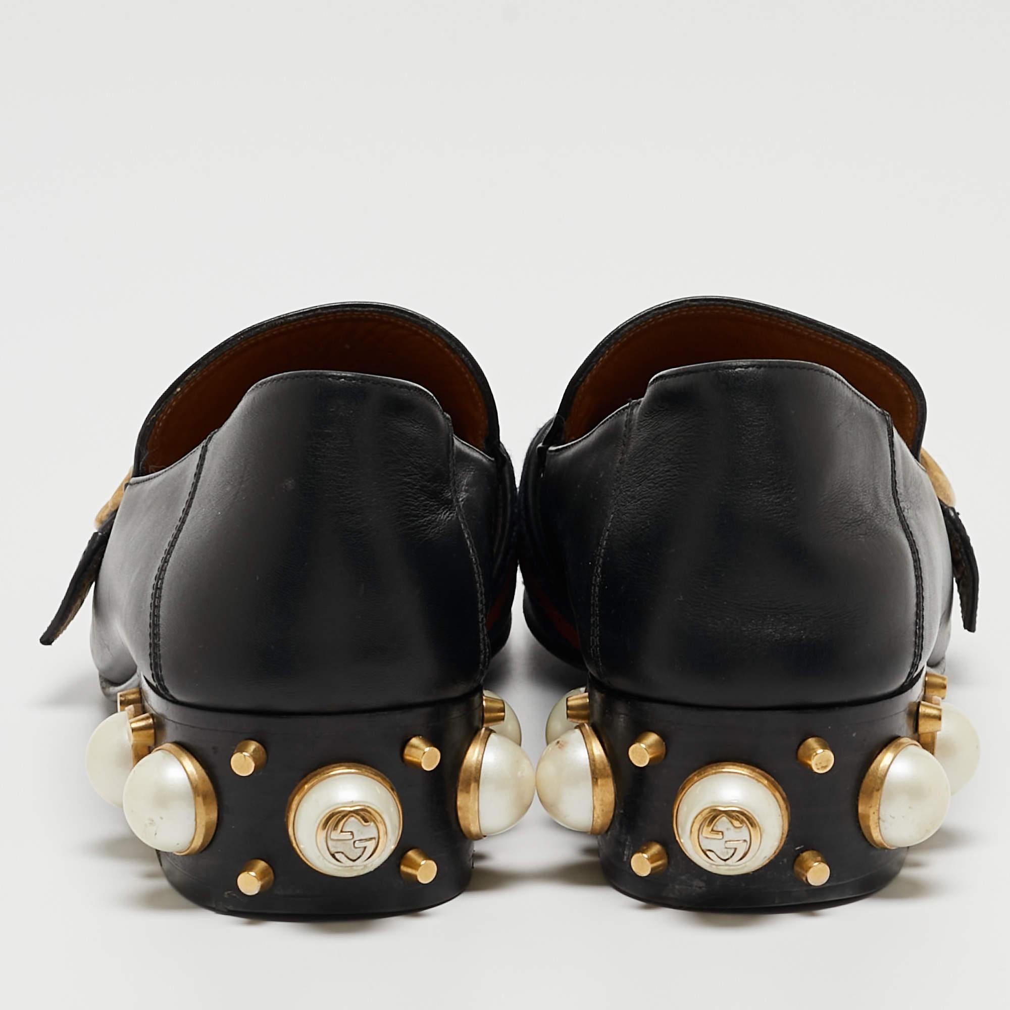 Gucci Black Leather Pearl Embellished Double G Web Mid Heel Loafers Size 37 1