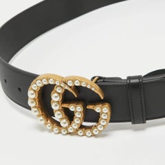 Gucci Black Leather Pearl Embellished GG Marmont Belt 90CM