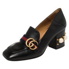 Gucci Black Leather Pearl Embellished GG Web Loafer Pumps Size 37