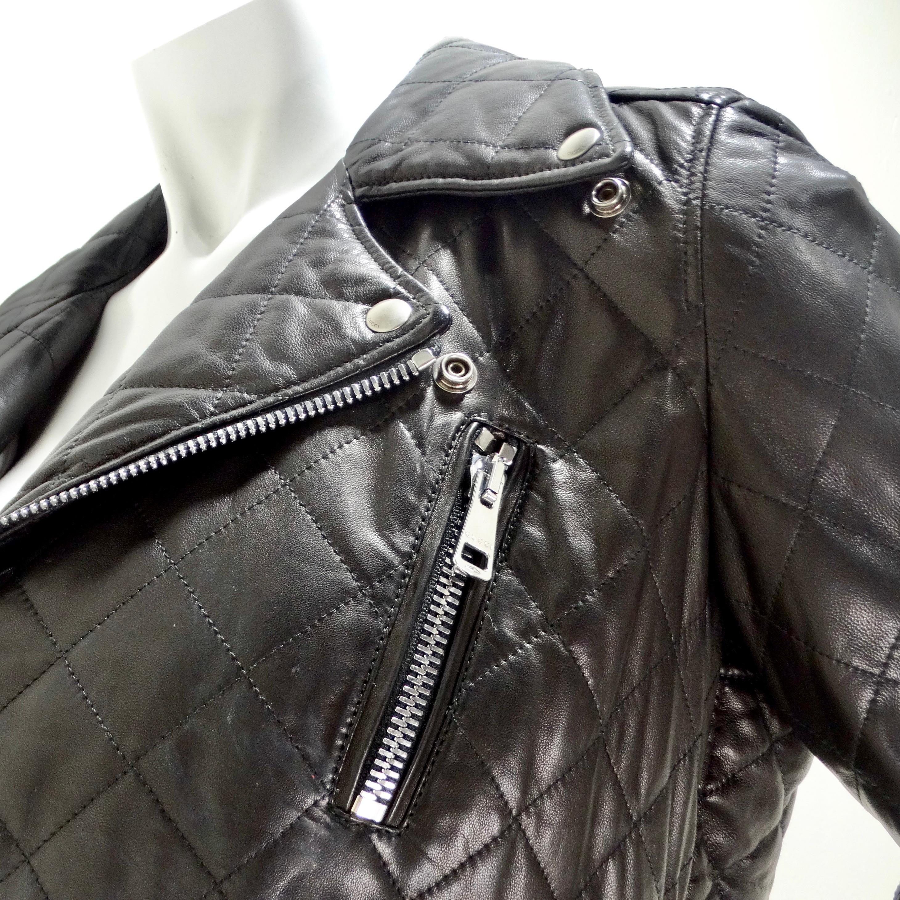 Gucci Black Leather Pearl Logo Moto Jacket For Sale 9