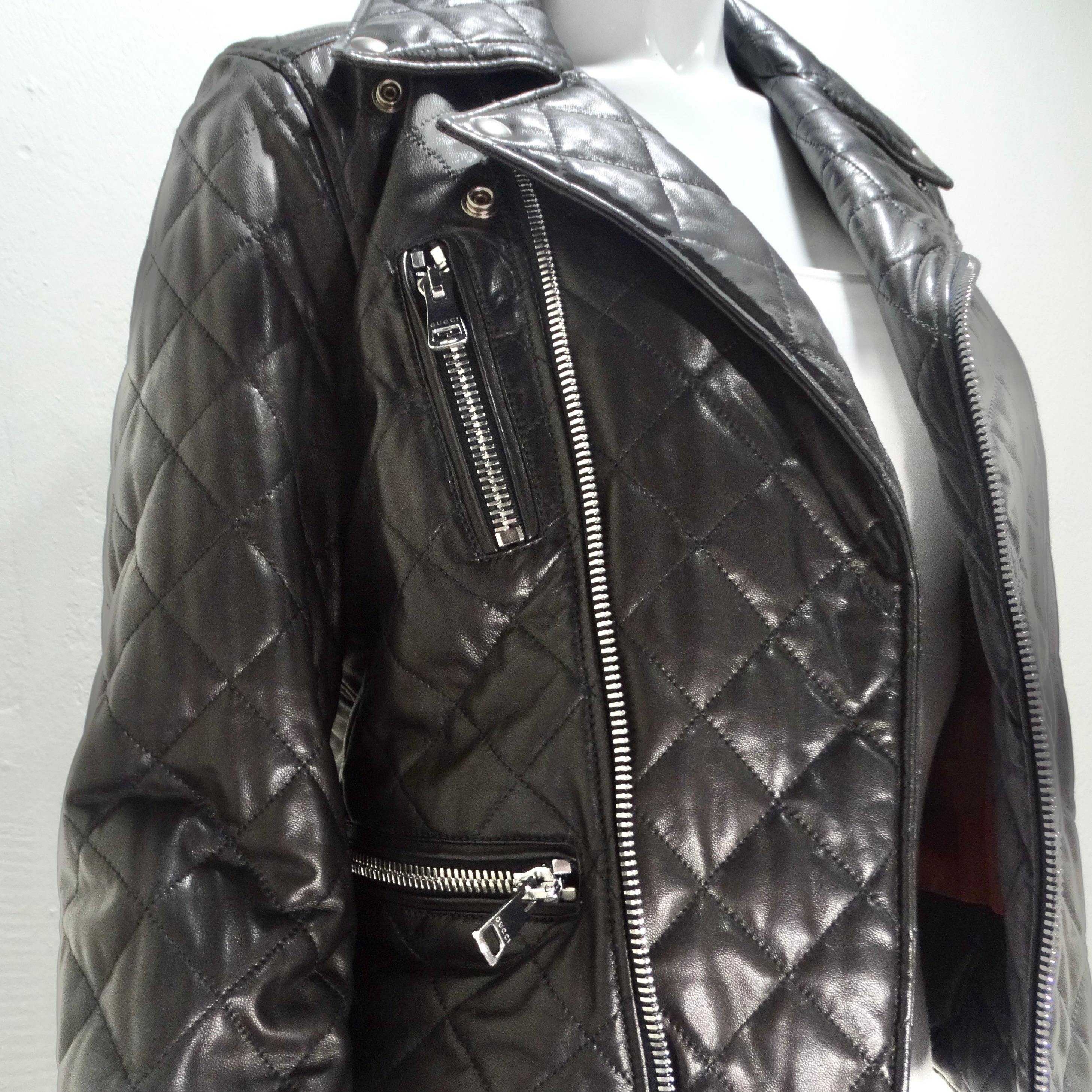 Gucci Black Leather Pearl Logo Moto Jacket For Sale 2