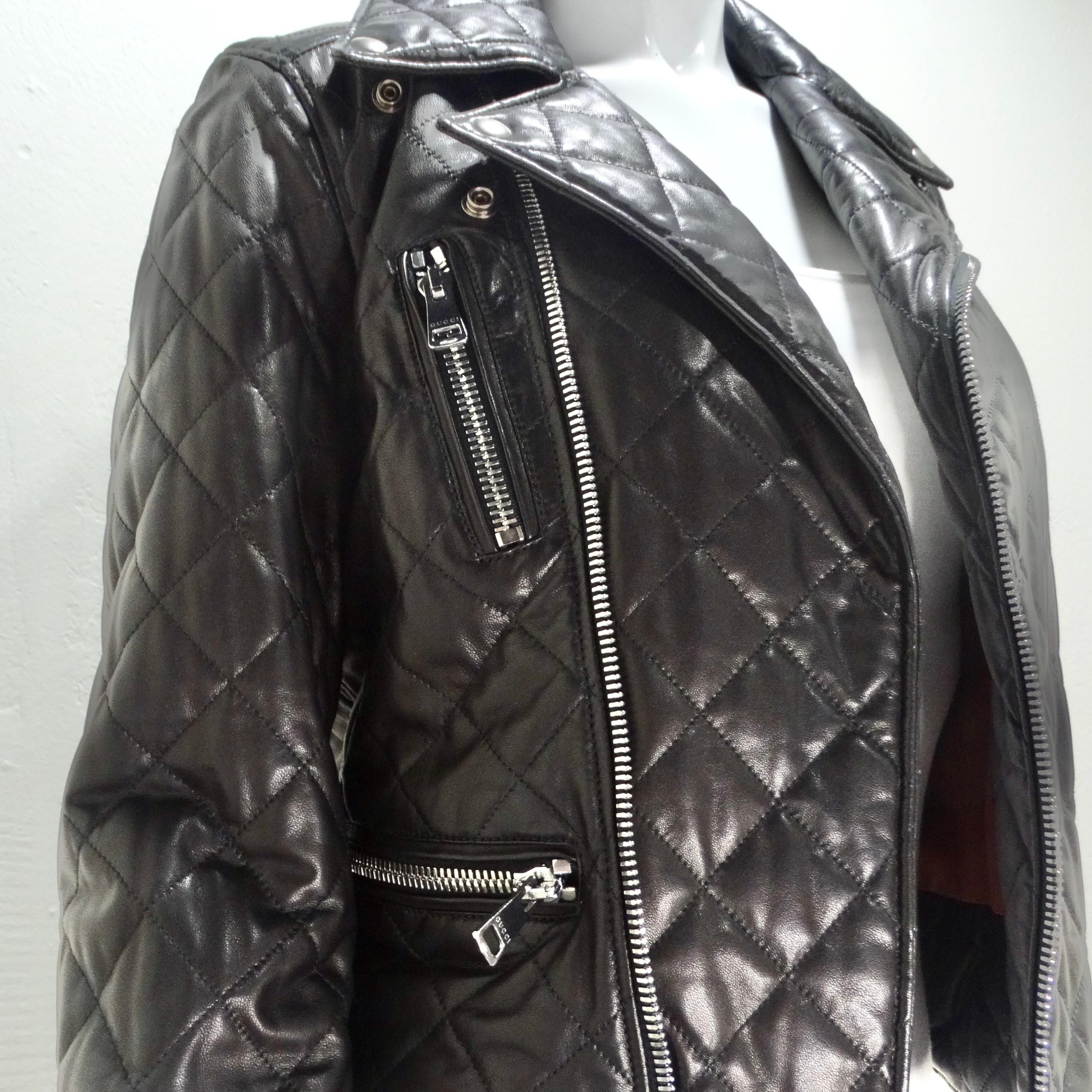 Gucci Moto-Jacke aus schwarzem Leder mit Perlen-Logo 1