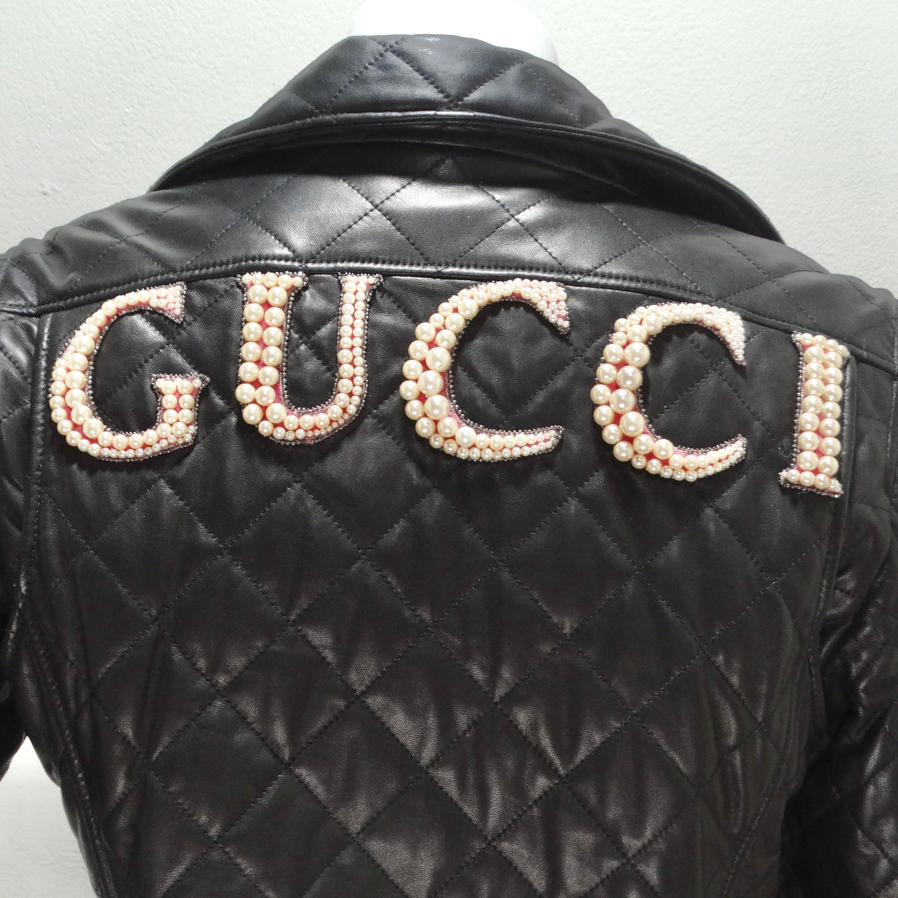 Gucci Black Leather Pearl Logo Moto Jacket For Sale 4
