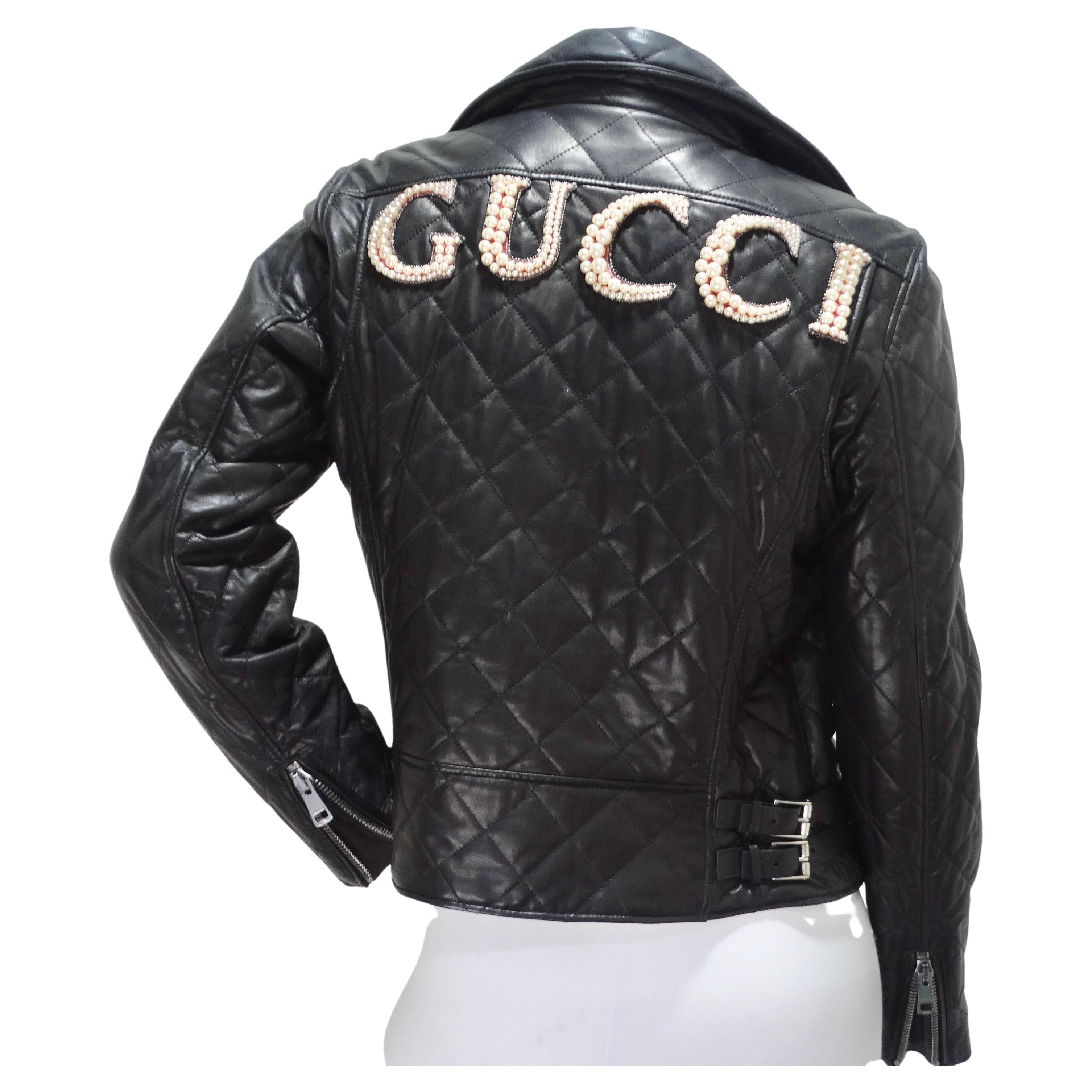 Gucci Black Leather Pearl Logo Moto Jacket For Sale