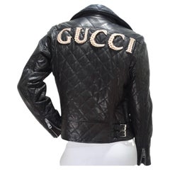 Used Gucci Black Leather Pearl Logo Moto Jacket