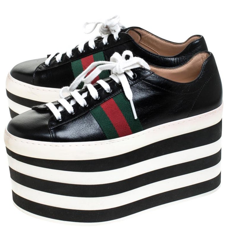 Gucci Black Leather Peggy Web Detail Platform Sneakers Size 36.5 For Sale  at 1stDibs | gucci black platform sneakers, black gucci platform sneakers, gucci  peggy platform sneakers
