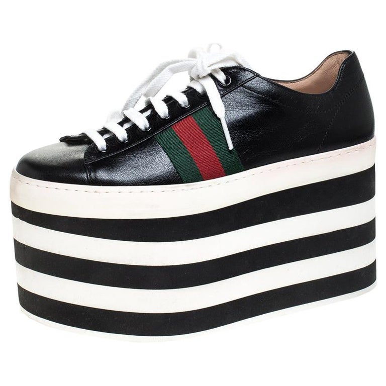 Gucci Black Leather Peggy Web Detail Platform Sneakers Size 36.5 For ...