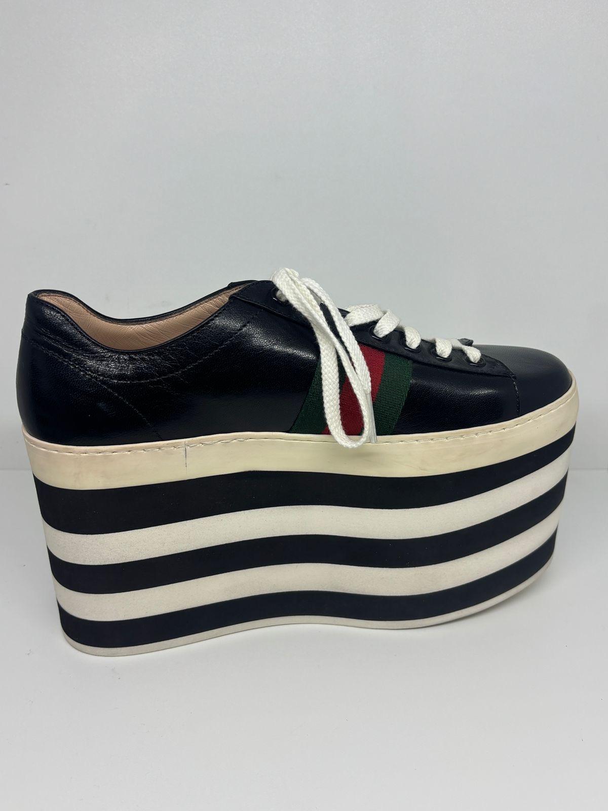 Gucci Black Leather Peggy Web Platform Sneakers For Sale 7