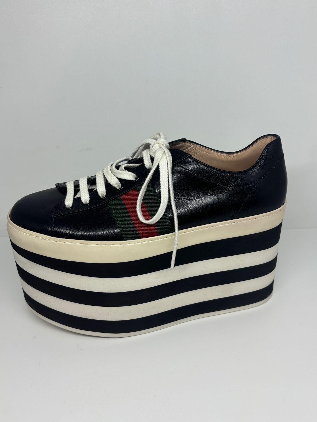 Gucci Black Leather Peggy Web Platform Sneakers For Sale 9