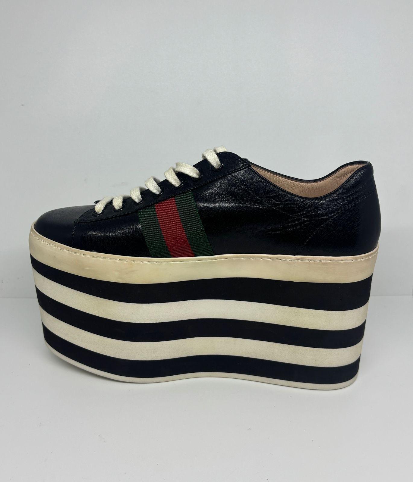 Gucci Black Leather Peggy Web Platform Sneakers For Sale 2