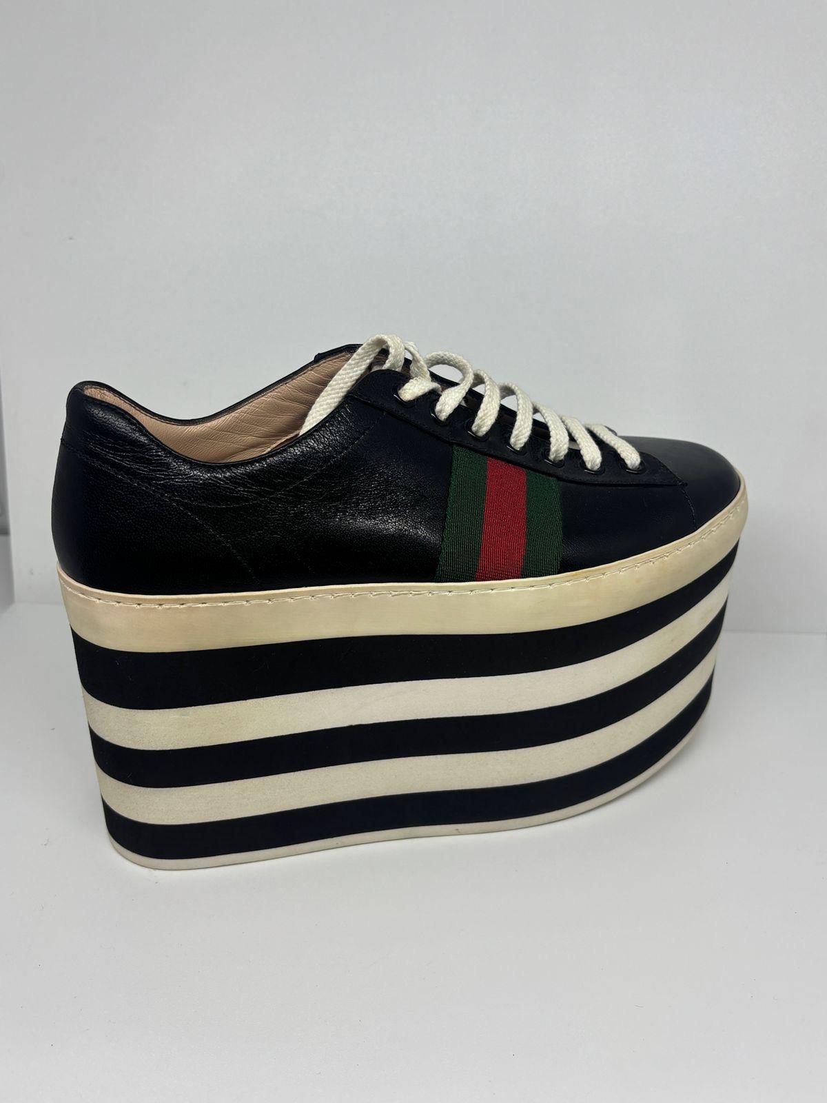 Gucci Black Leather Peggy Web Platform Sneakers For Sale 3