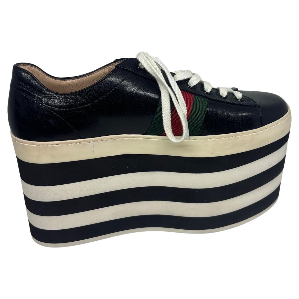 Gucci Black Leather Peggy Web Platform Sneakers For Sale