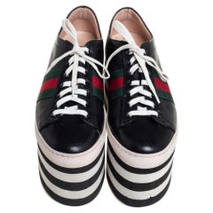 Gucci Black Leather Peggy Wedge Platform Sneakers Size 36
