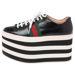 Gucci Black Leather Peggy Wedge Platform Sneakers Size 38