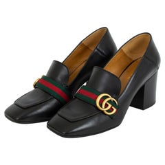 Gucci Cuero Negro Peyton GG Web Tacón Bloque Mocasín Bombas - It 40.5, 21 C.