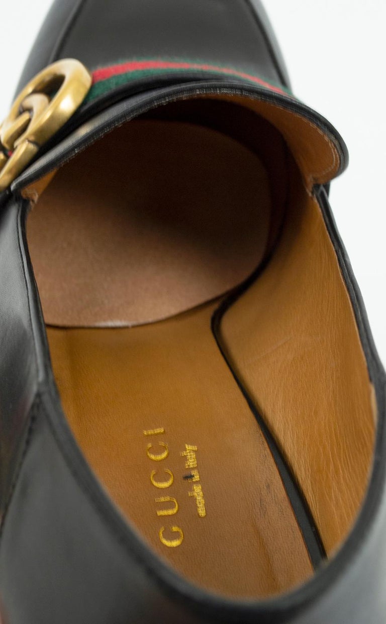 Gucci Black Leather Peyton GG Web Detail Mid-Heel Loafer Pumps – It. 39, 2000s For Sale 7