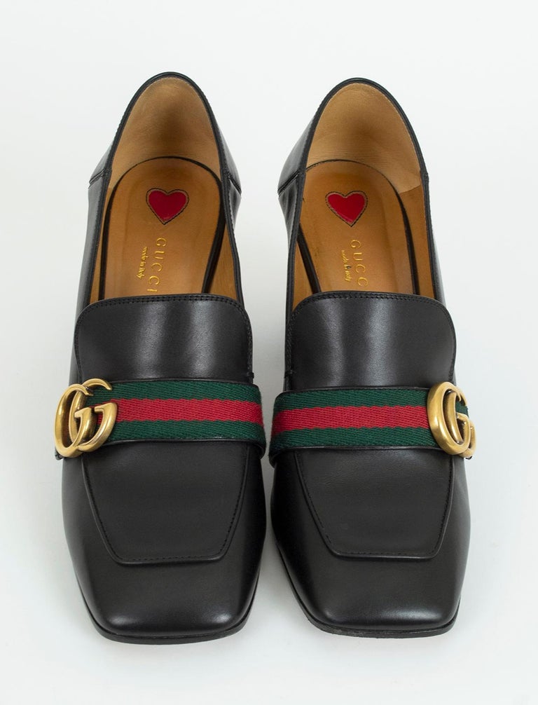 Women's Gucci Black Leather Peyton GG Web Detail Mid-Heel Loafer Pumps – It. 39, 2000s For Sale