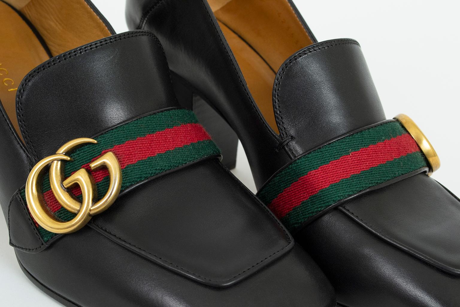 Women's Gucci Black Leather Peyton GG Web Block Heel Loafer Pumps – It 40.5, 21st C.