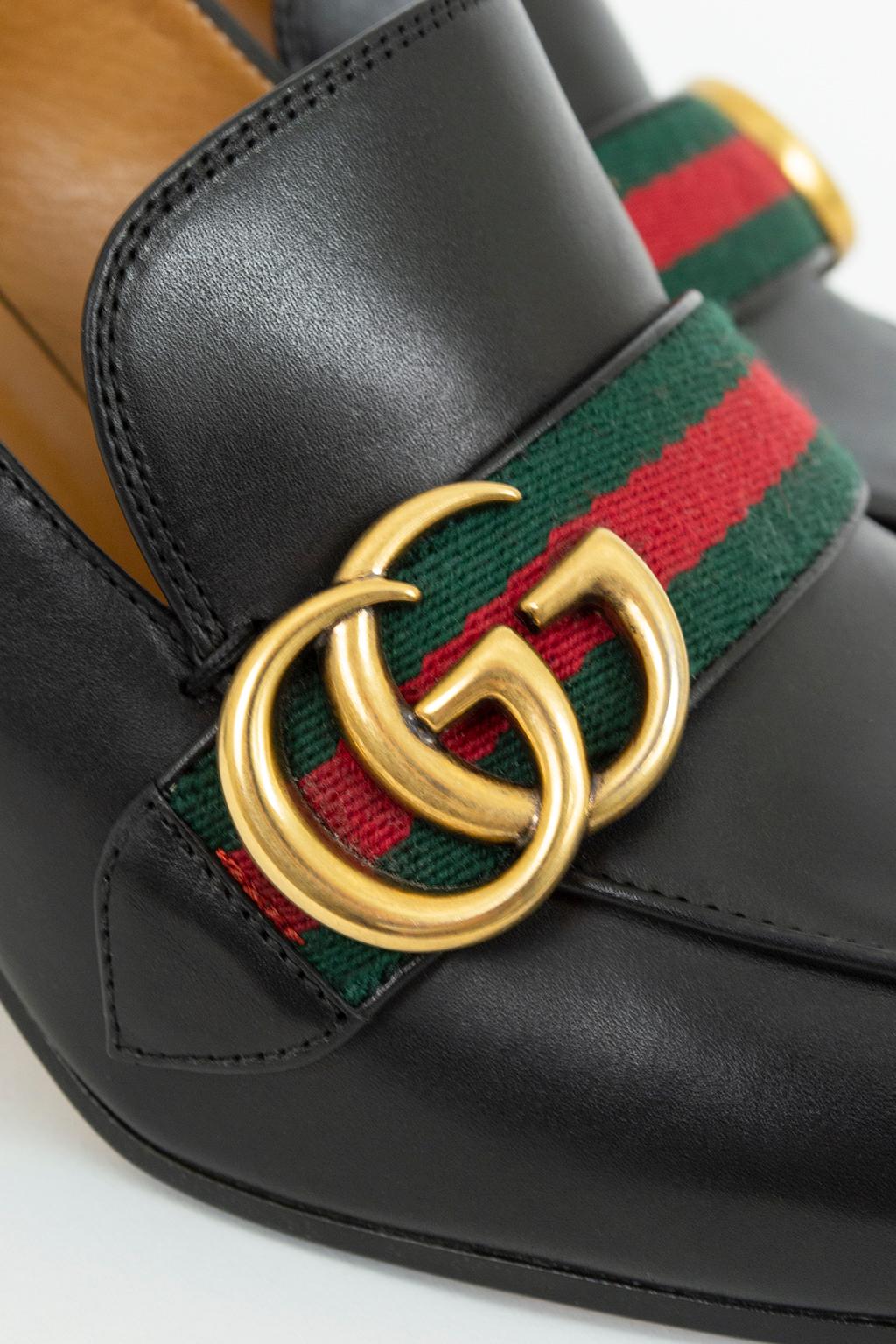 Gucci Black Leather Peyton GG Web Block Heel Loafer Pumps – It 40.5, 21st C. 1