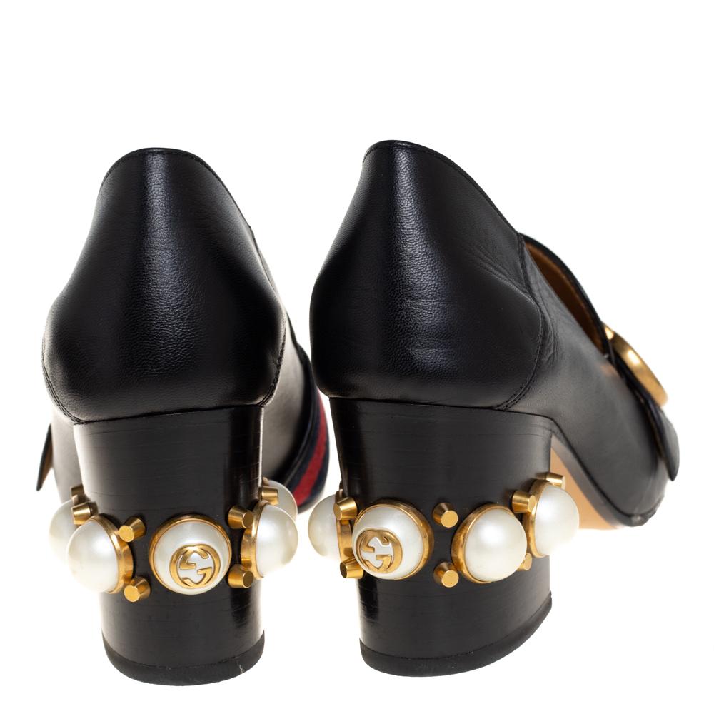 Gucci Black Leather Peyton GG Web Detail Pearl Studded Pumps Size 35.5 In Good Condition In Dubai, Al Qouz 2