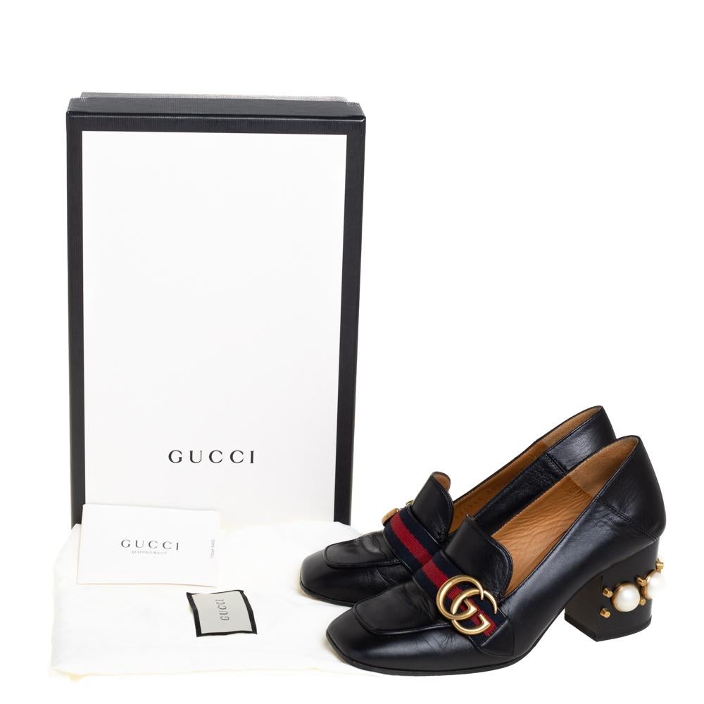 Gucci Black Leather Peyton GG Web Detail Pearl Studded Pumps Size 35.5 1