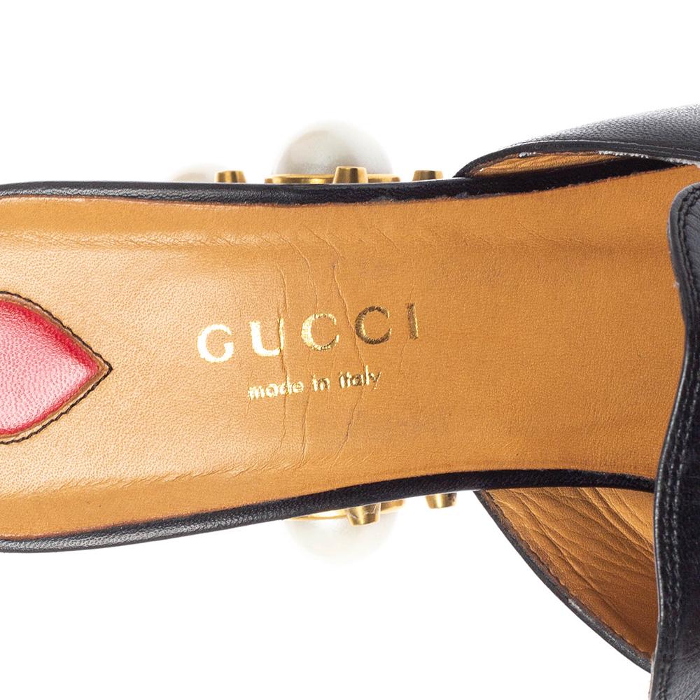 Gucci Black Leather Peyton GG Web Faux Pearl Studded Mules Size 36 2