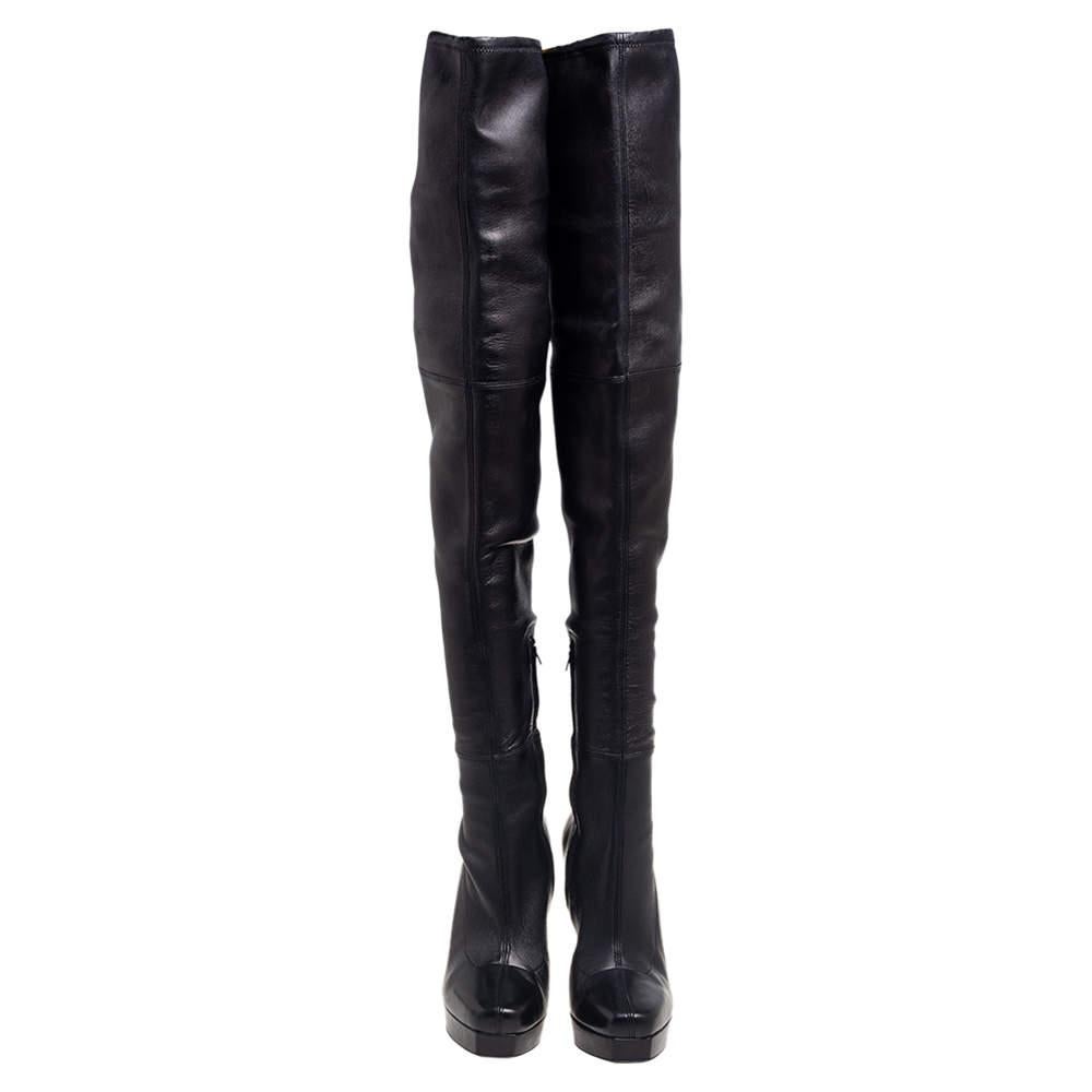 Gucci Black Leather Platform Over The Knee Boots Size 36 In Good Condition In Dubai, Al Qouz 2
