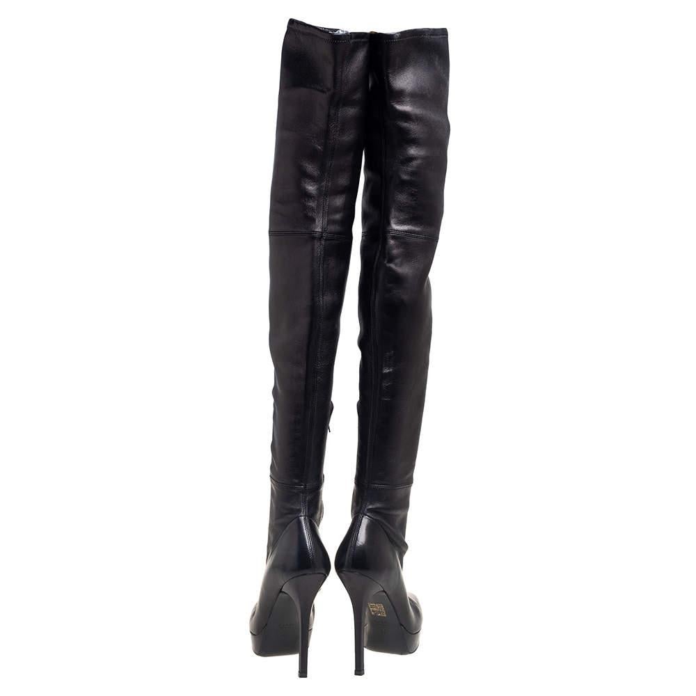 Gucci Black Leather Platform Over The Knee Boots Size 36 In Good Condition For Sale In Dubai, Al Qouz 2