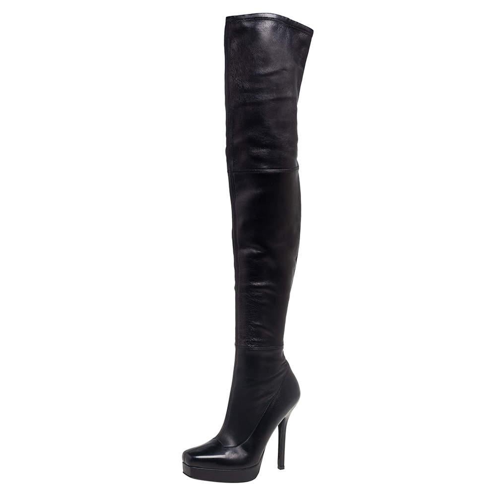 Women's Gucci Black Leather Platform Over The Knee Boots Size 36 For Sale