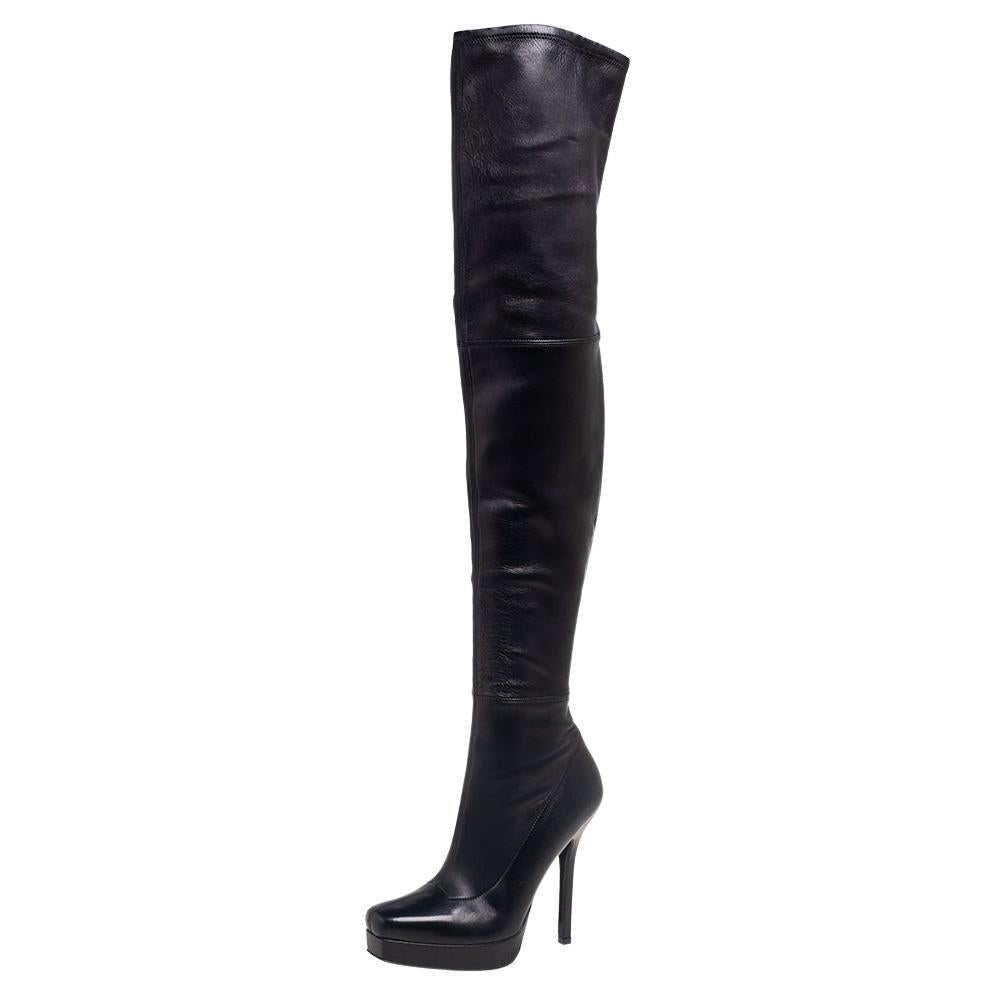 Gucci Black Leather Platform Over The Knee Boots Size 36 For Sale at