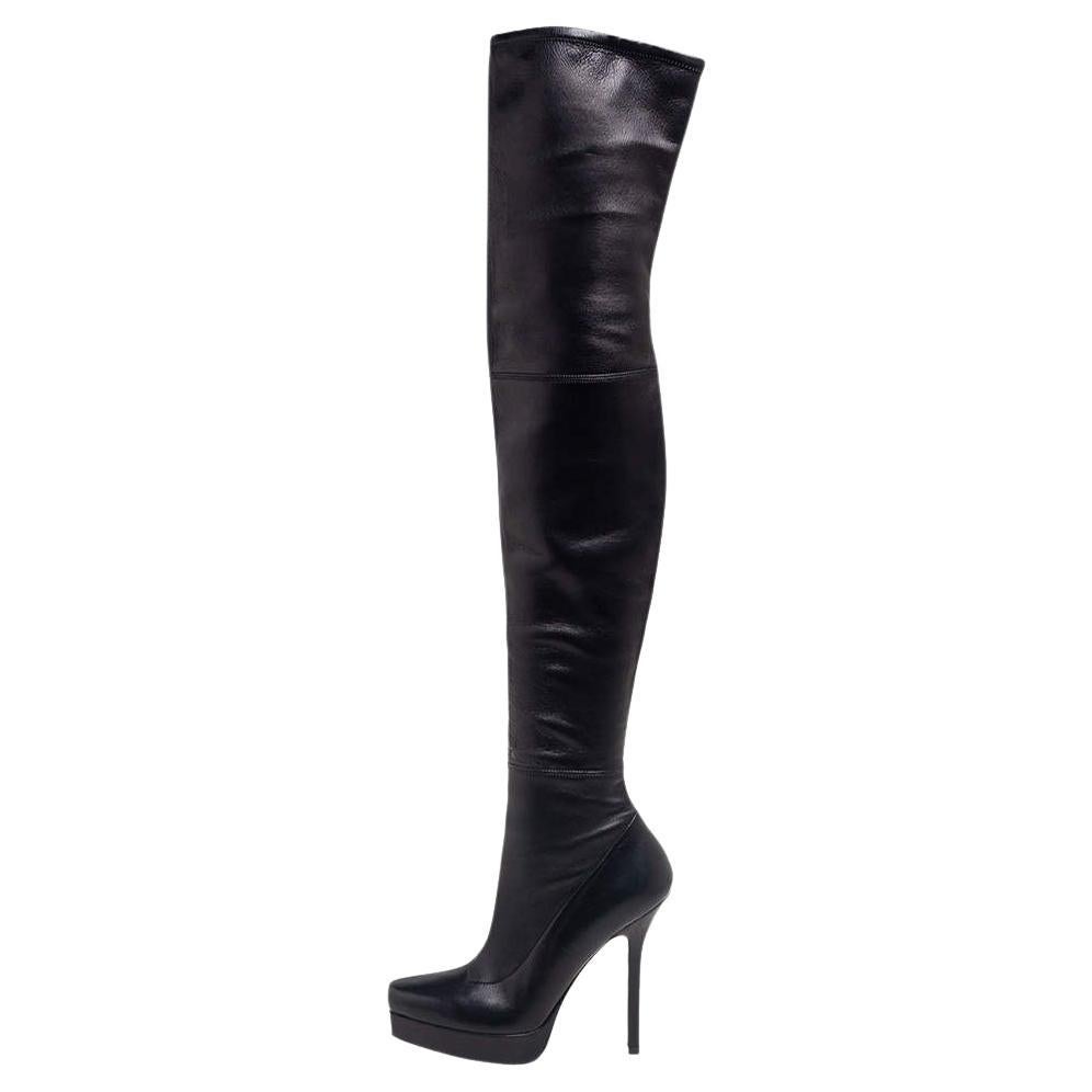 Gucci Black Leather Platform Over The Knee Boots Size 36 For Sale