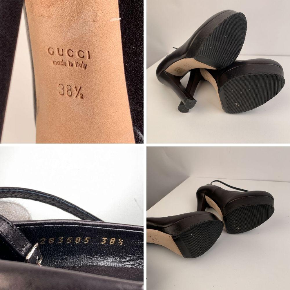 Gucci Platform Pumps, crafted in black leather They featurea removable ankle strap with buckle closure, almond toes and platforms (height 1 inch- 2,5 cm. Covered heels (6 inches - 15,2 cm ). Rubber outsoles. Size: EU 38.5 (The size shown for this