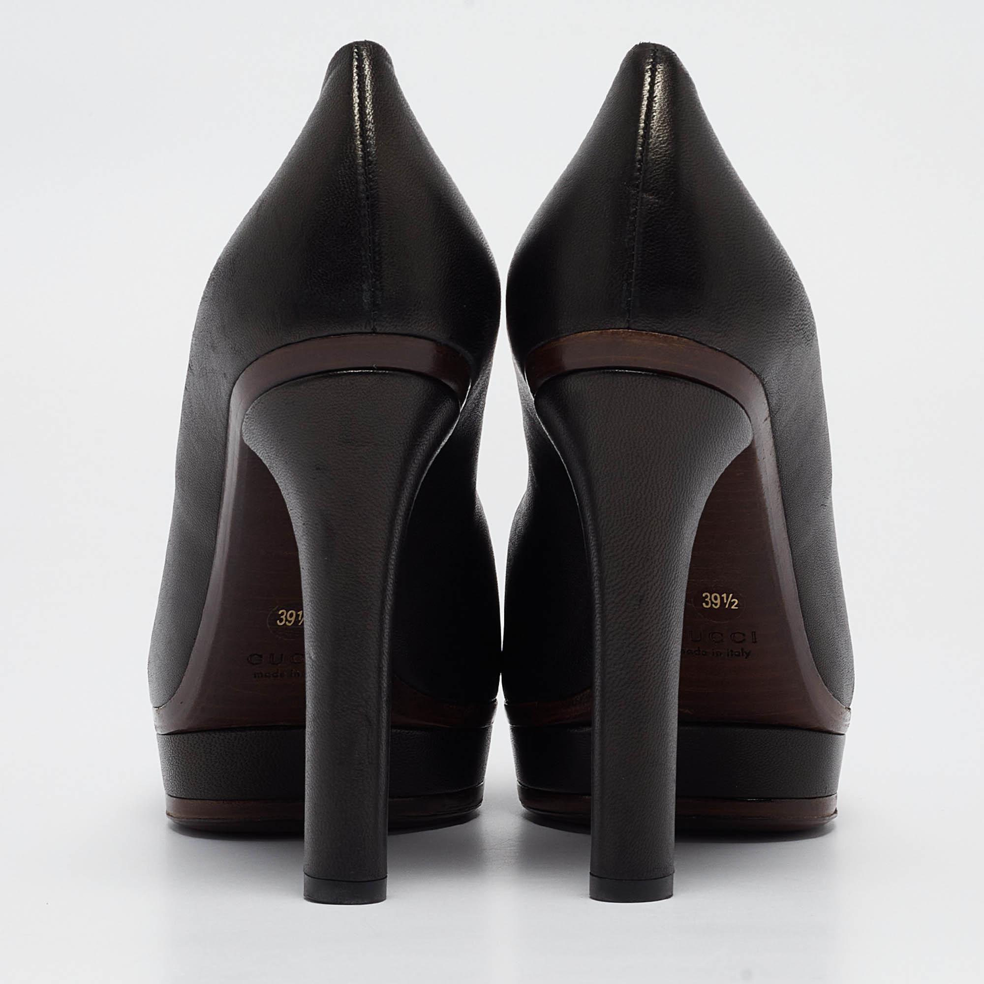 Gucci Black Leather Platform Round Toe Pumps Size 39.5 For Sale 1
